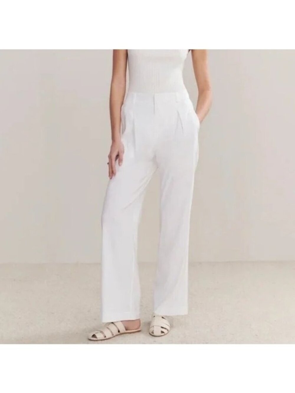 Jenni Kayne Riley Linen Blend Pleated Front Relaxed Fit Trouser Pants White Sz 4